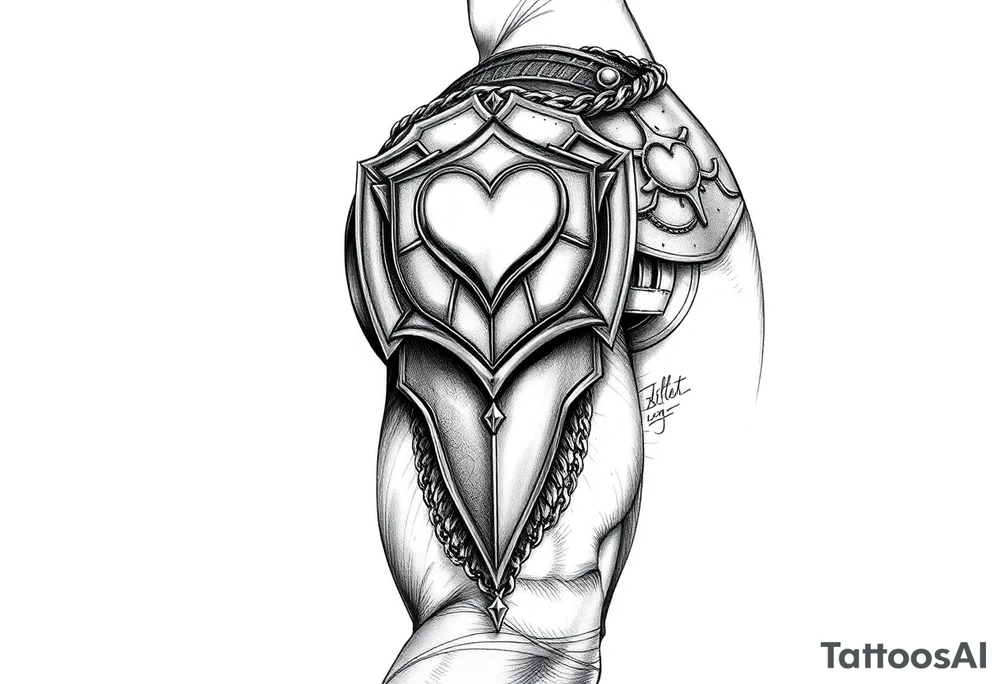Layered chainmail and plate armor from top of trapezius to below elbow with an intricate plate armor piece with a heart on shoulder tattoo idea