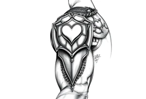 Layered chainmail and plate armor from top of trapezius to below elbow with an intricate plate armor piece with a heart on shoulder tattoo idea