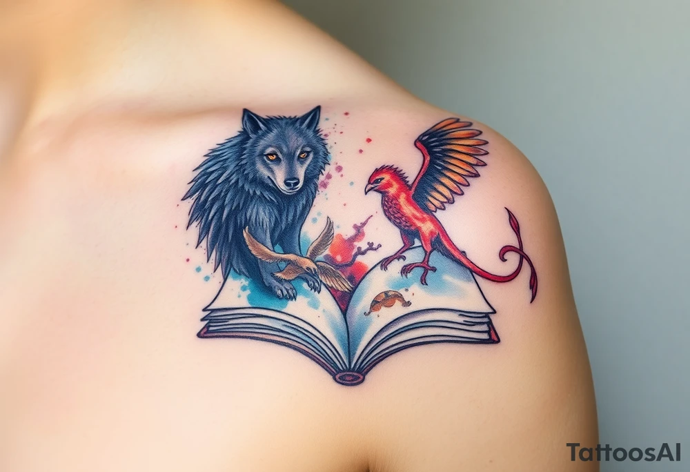 An open book with a werewolf, an owl & a dragon and a phoenix flying/running around the book tattoo idea