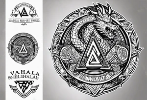 Valhalla  round shield axe
Valknut sword dragon head tattoo idea
