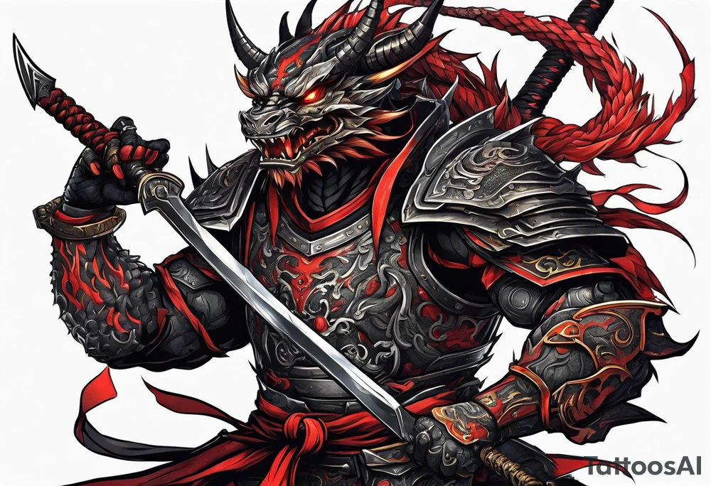 Angry robot demon ninja with demon mask with huge sword fighting dragon tattoo idea