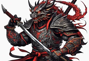 Angry robot demon ninja with demon mask with huge sword fighting dragon tattoo idea