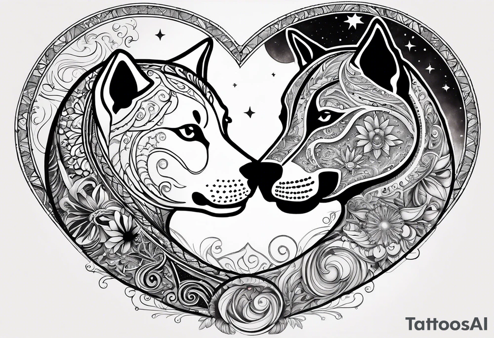 Sun and moon intertwined together with a romantic kiss or hug
With a pawprint pathway going to 2 cat and pitbull dog face surrounded with intergalactic Stars and infinite love bond tattoo idea