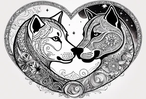 Sun and moon intertwined together with a romantic kiss or hug
With a pawprint pathway going to 2 cat and pitbull dog face surrounded with intergalactic Stars and infinite love bond tattoo idea