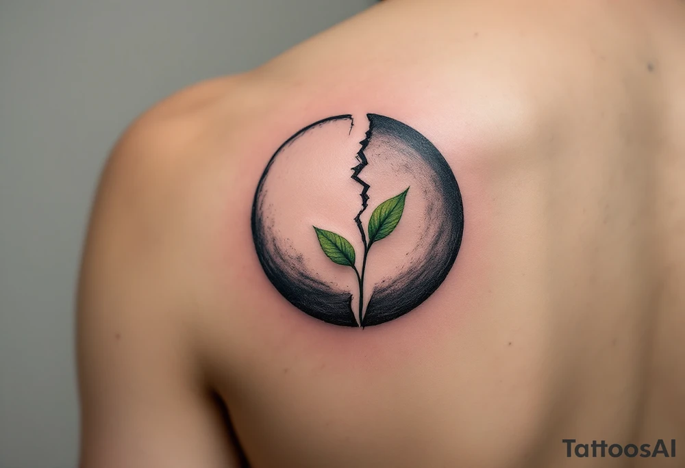 A broken circle in charcoal gray with a sprouting green leaf at the gap, symbolizing growth and renewal. tattoo idea