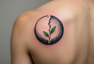 A broken circle in charcoal gray with a sprouting green leaf at the gap, symbolizing growth and renewal. tattoo idea