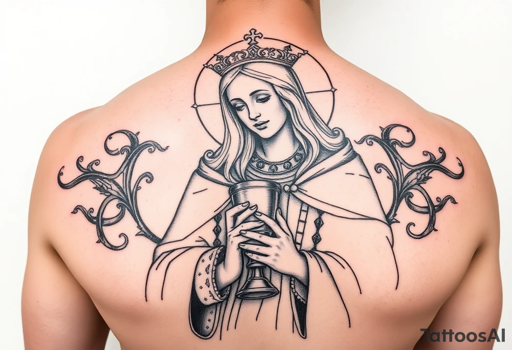 Saint Barbara tattoo holding chalice with tower in background tattoo idea