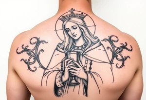Saint Barbara tattoo holding chalice with tower in background tattoo idea