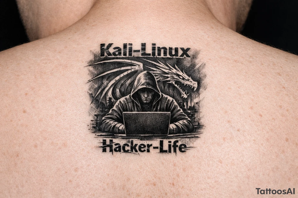 the kali linux dragon in the background of a hacker in black hoodie sitting behind a laptop hacking with the words Kali-Linux accross the top and Hacker-Life accross the bottom and the letters need to be in hacker colors tattoo idea