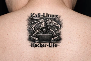 the kali linux dragon in the background of a hacker in black hoodie sitting behind a laptop hacking with the words Kali-Linux accross the top and Hacker-Life accross the bottom and the letters need to be in hacker colors tattoo idea