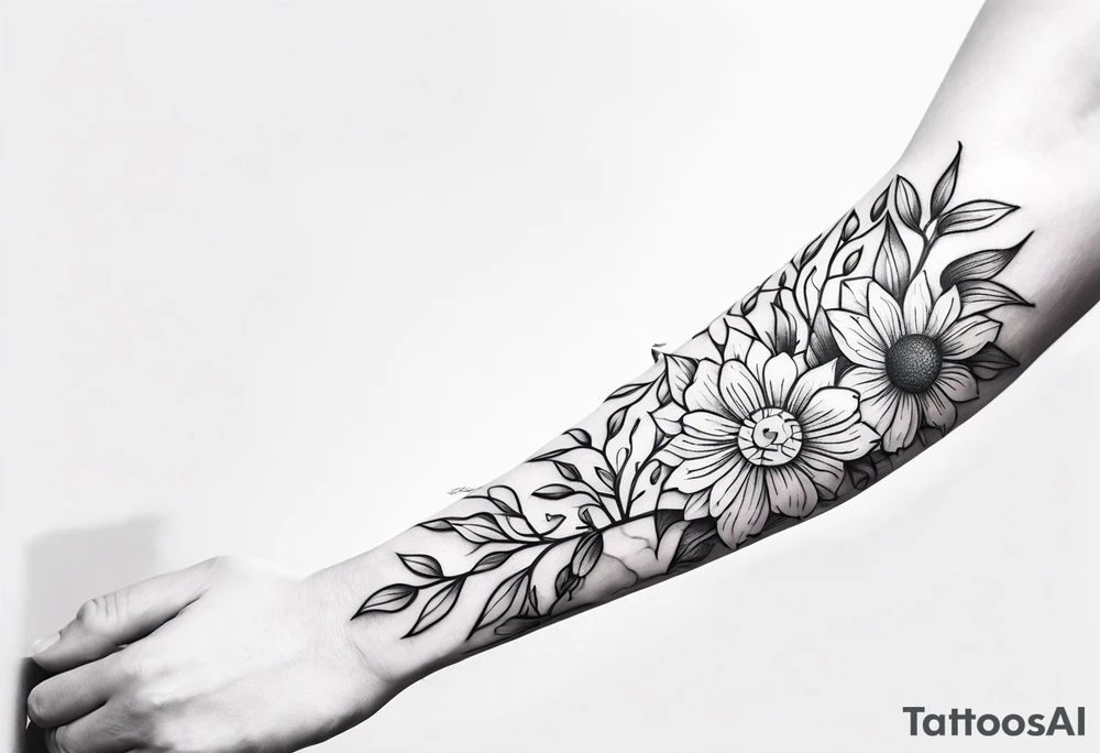 Sleeve tattoo. Vines wrapping around the arm. Flowers and a sun. tattoo idea