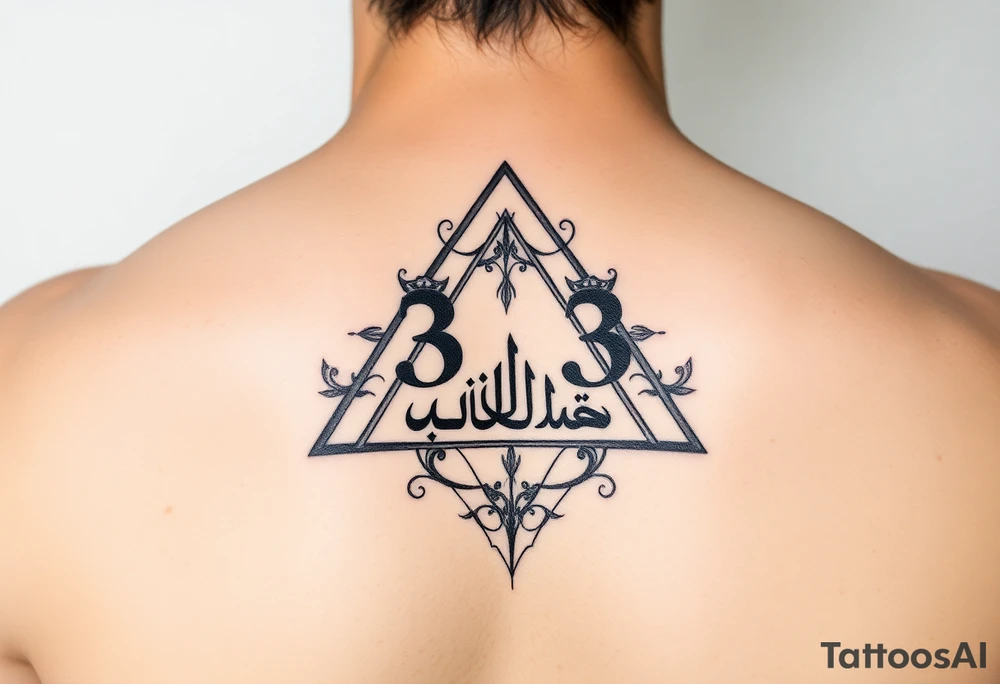 333 in a triangle with indigo in Arabic in the middle tattoo idea
