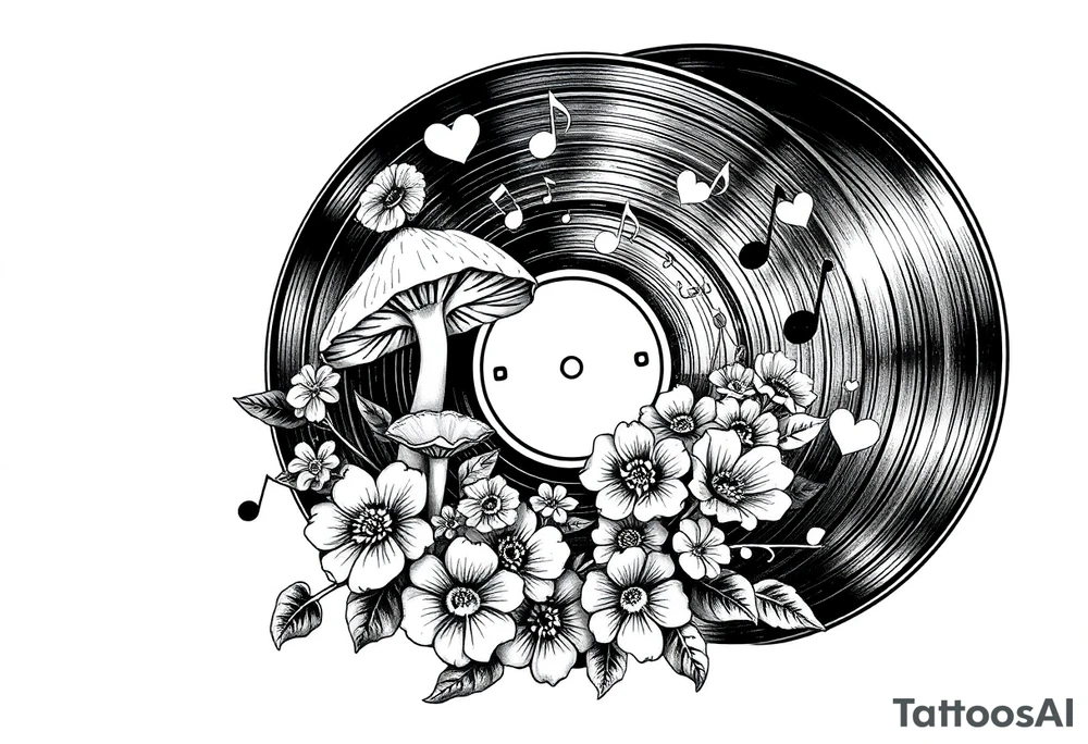 vinyl record with mushrooms, flowers, hearts, and music notes tattoo idea