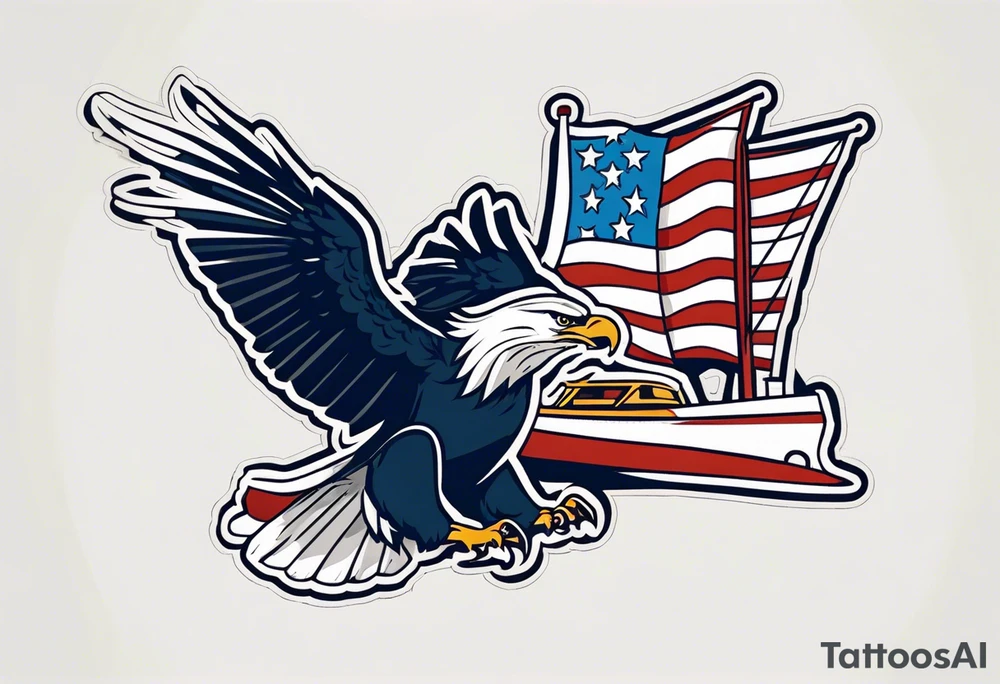 eagle flying in front of ship holding American flag in beak tattoo idea