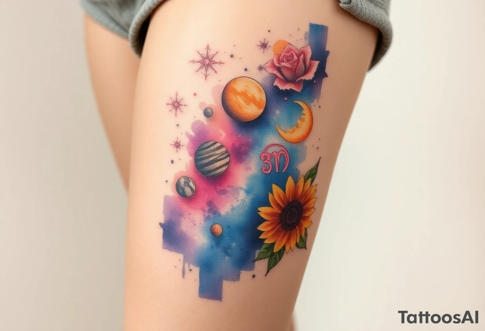 Milky way galaxy with planets with zodiac symbols and protection runes in it with tigerlillies roses and sunflowers tattoo idea