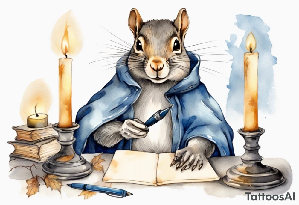 an elderly grey squirrel with a beard dressed in a grey and blue cloak writing a letter by candlelight tattoo idea