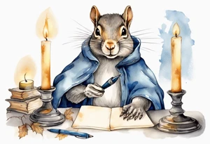 an elderly grey squirrel with a beard dressed in a grey and blue cloak writing a letter by candlelight tattoo idea