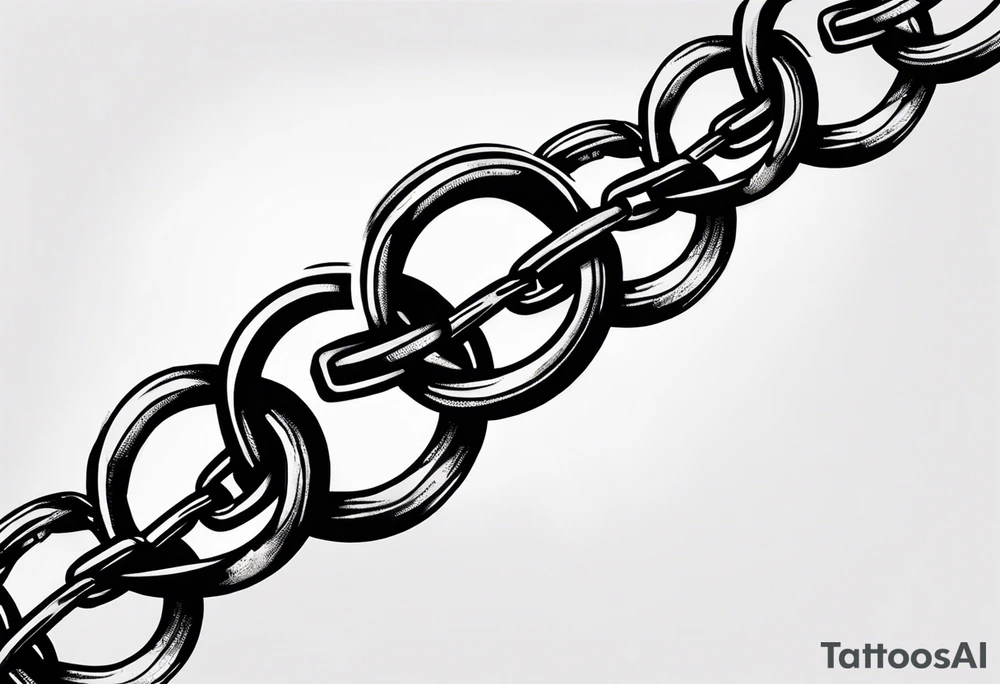 Create a tattoo sketch in a realistic style, depicting a straight chain lying horizontally on a white background. The chain links should be identical in size, evenly spaced, and perfectly aligned from a top-down view. Focus on capturing the metallic texture, reflections, shadows, and signs of wear on each link for a lifelike effect. tattoo idea