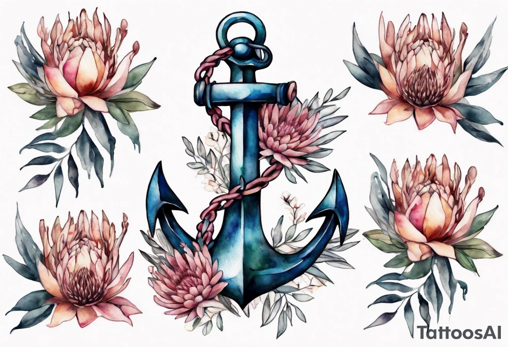 Very feminine tattoo of an anchor with protea flowers tattoo idea