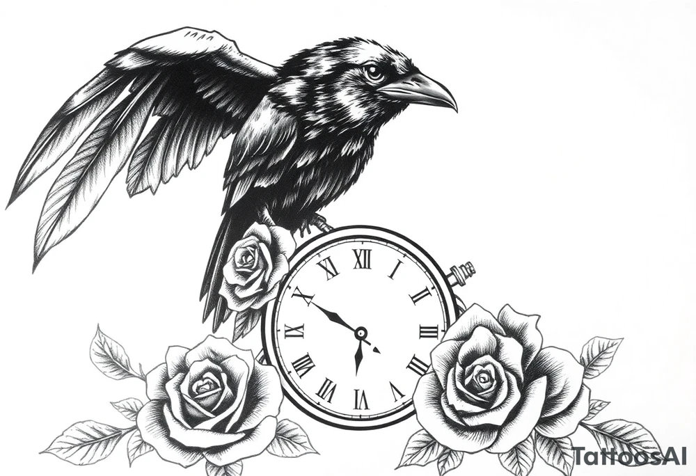 raven,roses,clock. tattoo idea