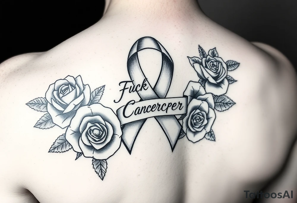 Cancer ribbon that says fuck cancer pretty with roses on arm tattoo idea