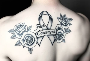 Cancer ribbon that says fuck cancer pretty with roses on arm tattoo idea