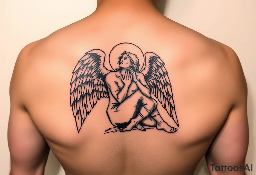 Buff Fallen angel on his knees tattoo idea