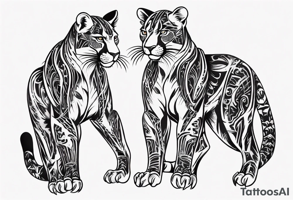 Generate a tattoo concept with two black pumas flanking a central element. Position the pumas side by side, facing outward, mirroring each other's stance. tattoo idea