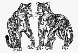 Generate a tattoo concept with two black pumas flanking a central element. Position the pumas side by side, facing outward, mirroring each other's stance. tattoo idea