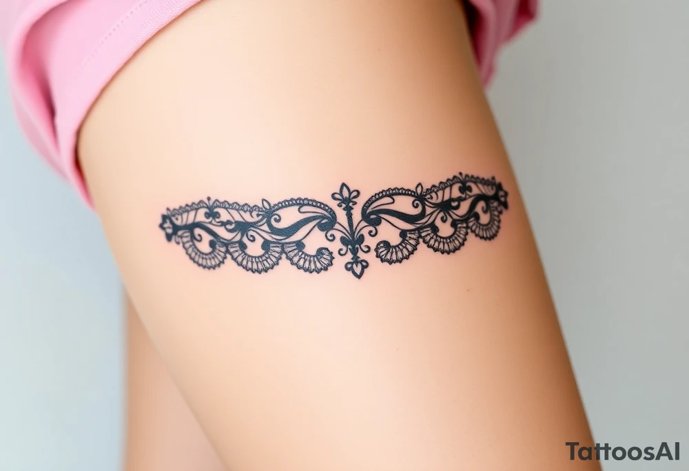A negative space garter tattoo design, where the lace details are subtly left out, creating a beautifully elegant silhouette effect tattoo idea