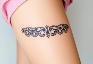 A negative space garter tattoo design, where the lace details are subtly left out, creating a beautifully elegant silhouette effect tattoo idea