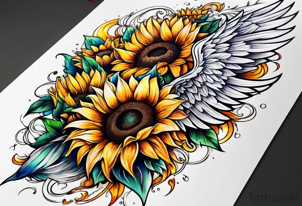 Sunflowers and angel wings leg sleeve tattoo idea