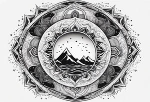 Circular Mandala Design. In the Center a half moon that is dripping water Drops into the sea. Around that a sun. Around that Mountains Made of wavy lines. tattoo idea