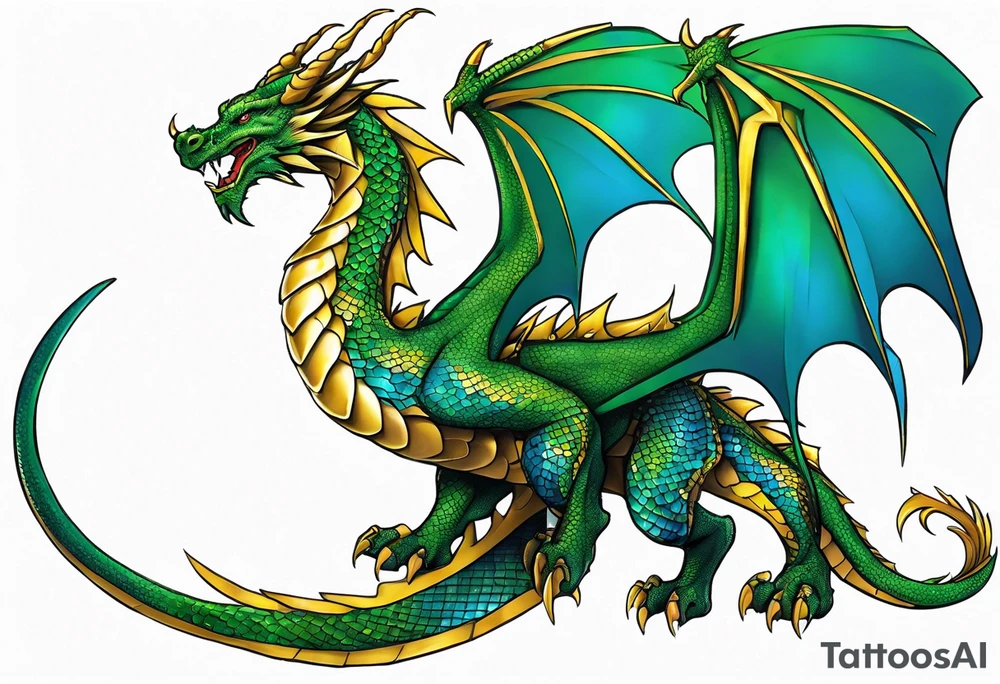 An epic dragon, its body coiling dynamically, with scales and horns detailed to create a sense of movement and strength. The dragon features accents in green, blue, and gold, giving a vibrant depth and a mystical aura. This tattoo highlights the dragon’s fierce expression and sharp claws as it wraps protectively around the leg. It does not have wings. Style: Realism tattoo idea