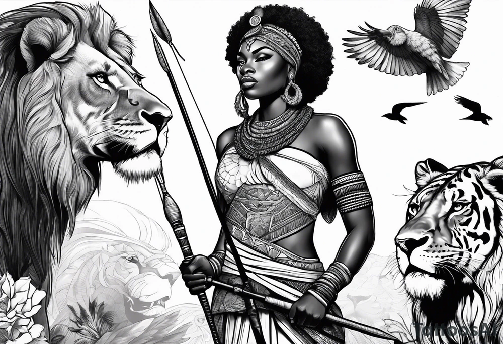 African woman warrior holding a spear with birds and lion in the background tattoo idea