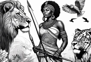 African woman warrior holding a spear with birds and lion in the background tattoo idea