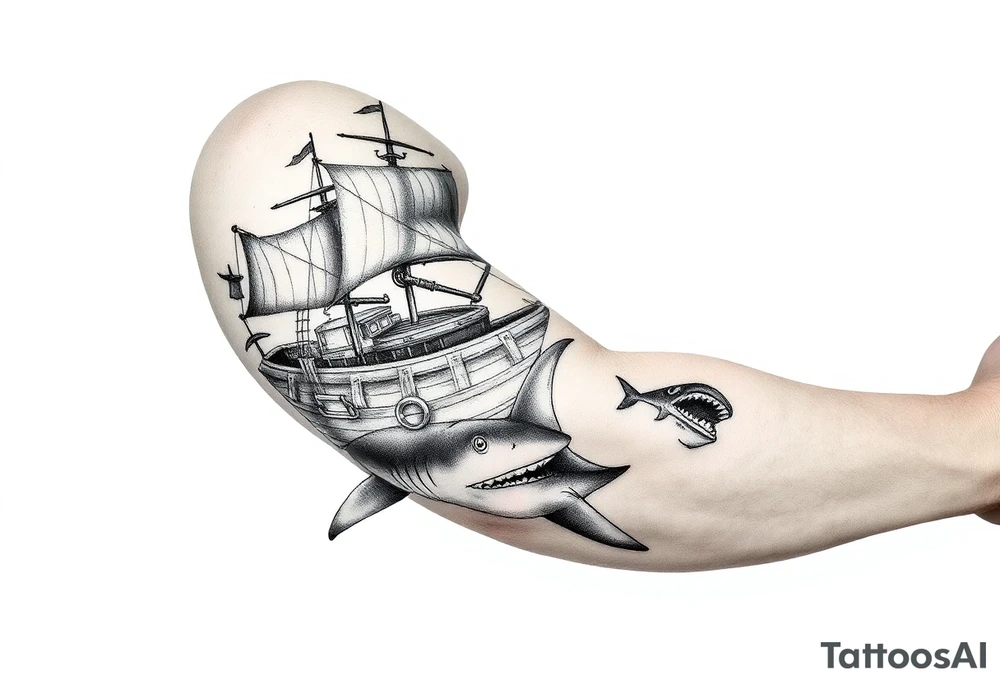 Underwater sinking ship treasure chest shark tattoo idea
