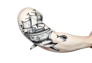 Underwater sinking ship treasure chest shark tattoo idea