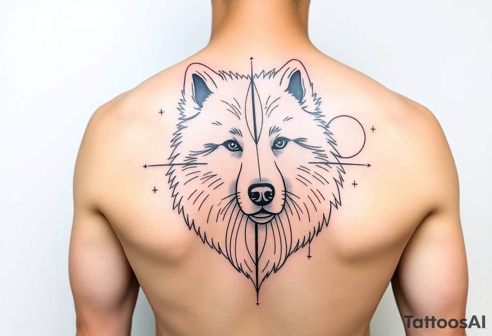 I would like a tattoo in a geometric-realistic style. I want it to depict my dog, a Samoyed (photo attached), combining his face with a design that includes lines, circles, and emotional or symbolic details—like a landscape or a memory connected to him."

If you’d like to customize it more with references to snow, mountains, or other memories, I can tweak it for you! tattoo idea