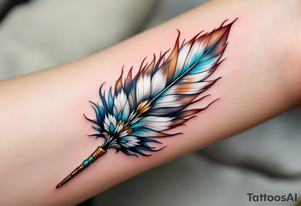 A tribal feather fan in brown, white, and turquoise, held together by leather bindings. tattoo idea