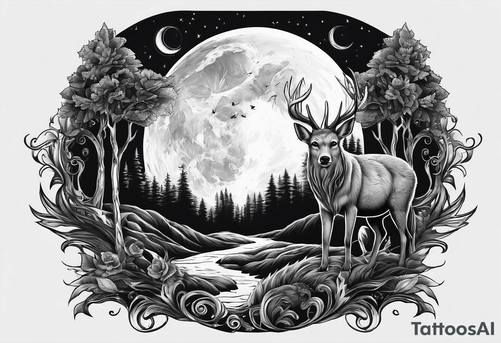 Lupo nella foresta con luna piena tattoo idea