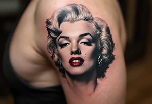 Marilyn Monroe portrait in black and grey realism with red lips and subtle pink blush on her cheeks. tattoo idea
