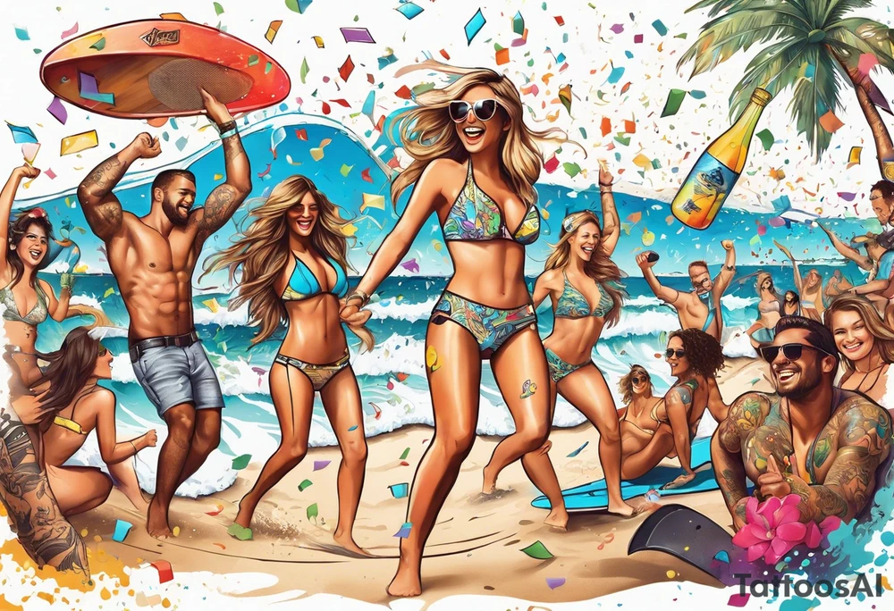 SURFING SAFARI BEACH DANCE 
PARTY WITH CONFETTI AND MUSIC NOTES, TROPICAL DRINKS, SEXY BIKINIS tattoo idea