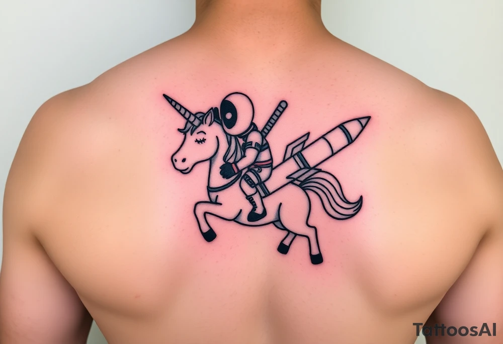 Deadpool riding unicorn holding rocket tattoo idea