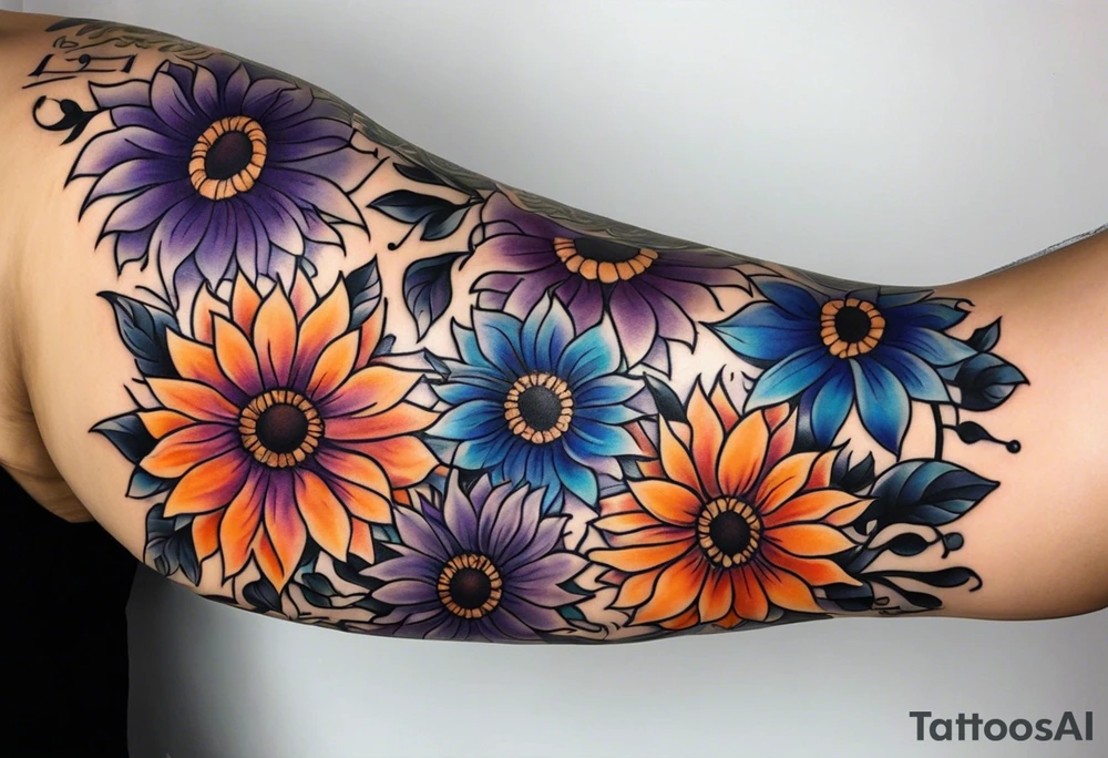 Full leg sleeve with purple, orange and blue sunflowers tattoo idea