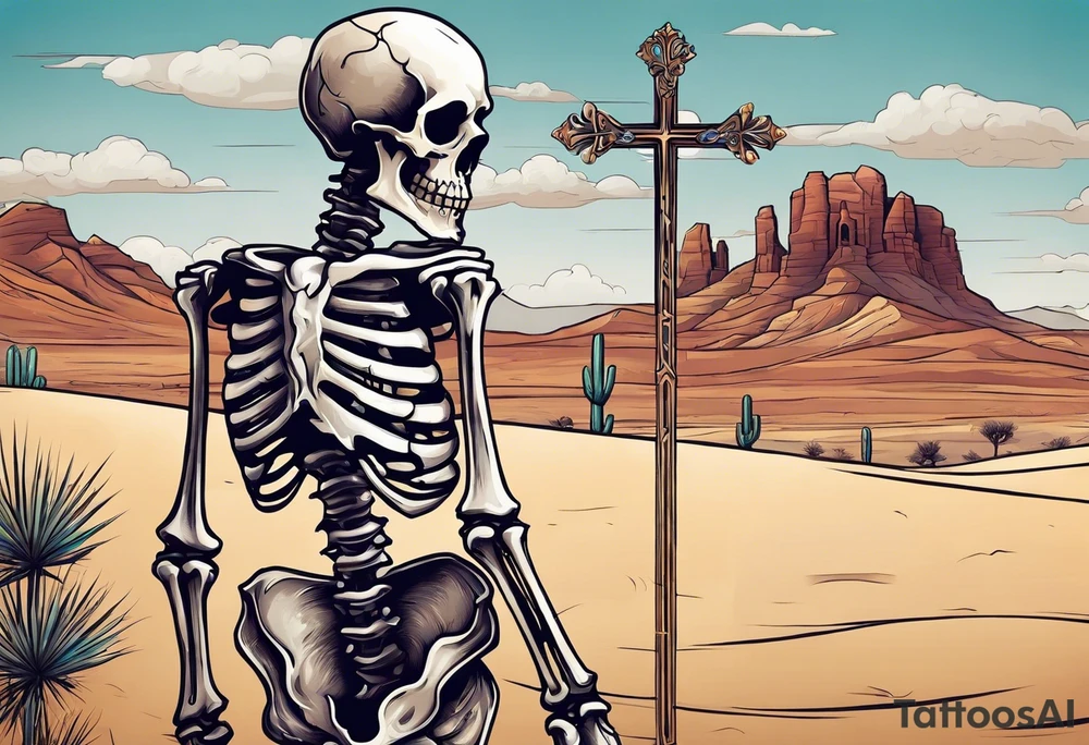 skeleton walking towards a cross in a desert tattoo idea