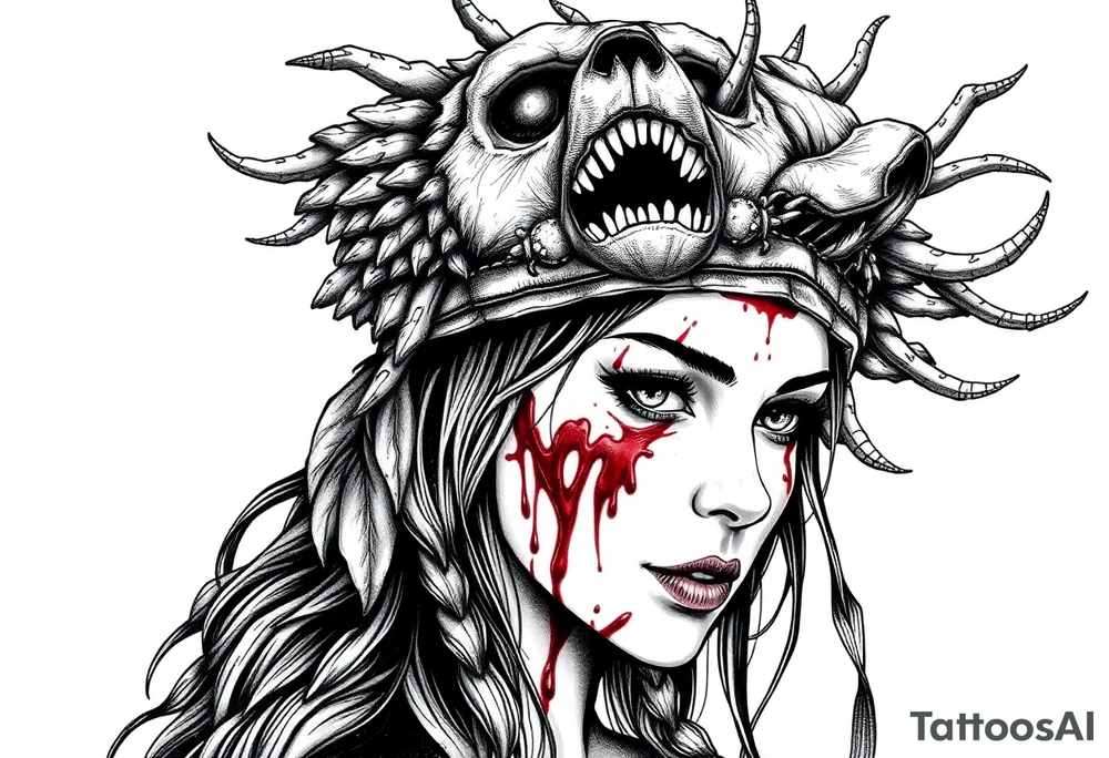 Beautiful Woman with battle scars and blood on face wearing dead bear headdress on head tattoo idea