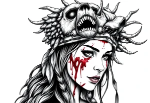 Beautiful Woman with battle scars and blood on face wearing dead bear headdress on head tattoo idea
