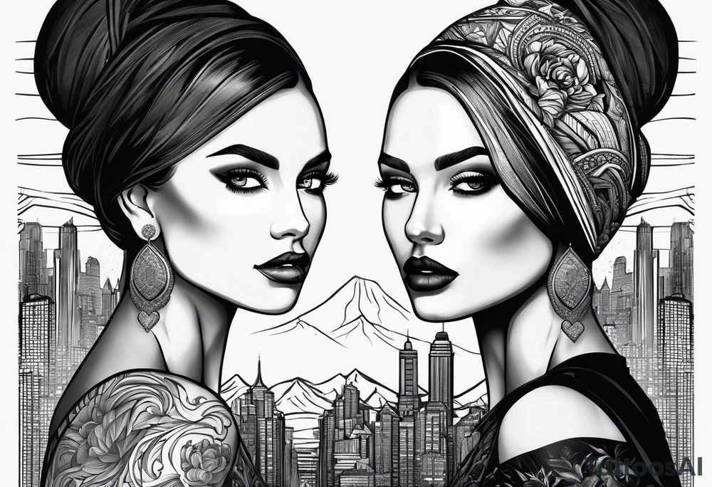 2 womans faces looking into each other eyes the womans face on the right side morphs into a city and the womans face on the left side morphs into mountains tattoo idea