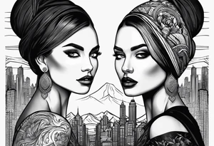 2 womans faces looking into each other eyes the womans face on the right side morphs into a city and the womans face on the left side morphs into mountains tattoo idea